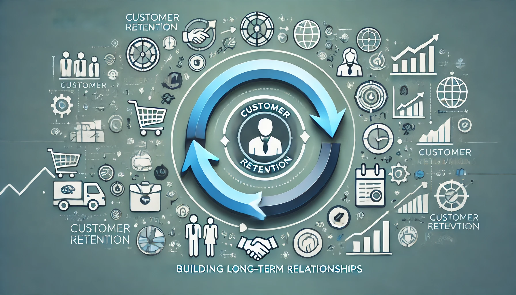 A professional and modern business graphic in landscape format illustrating the concept of customer retention