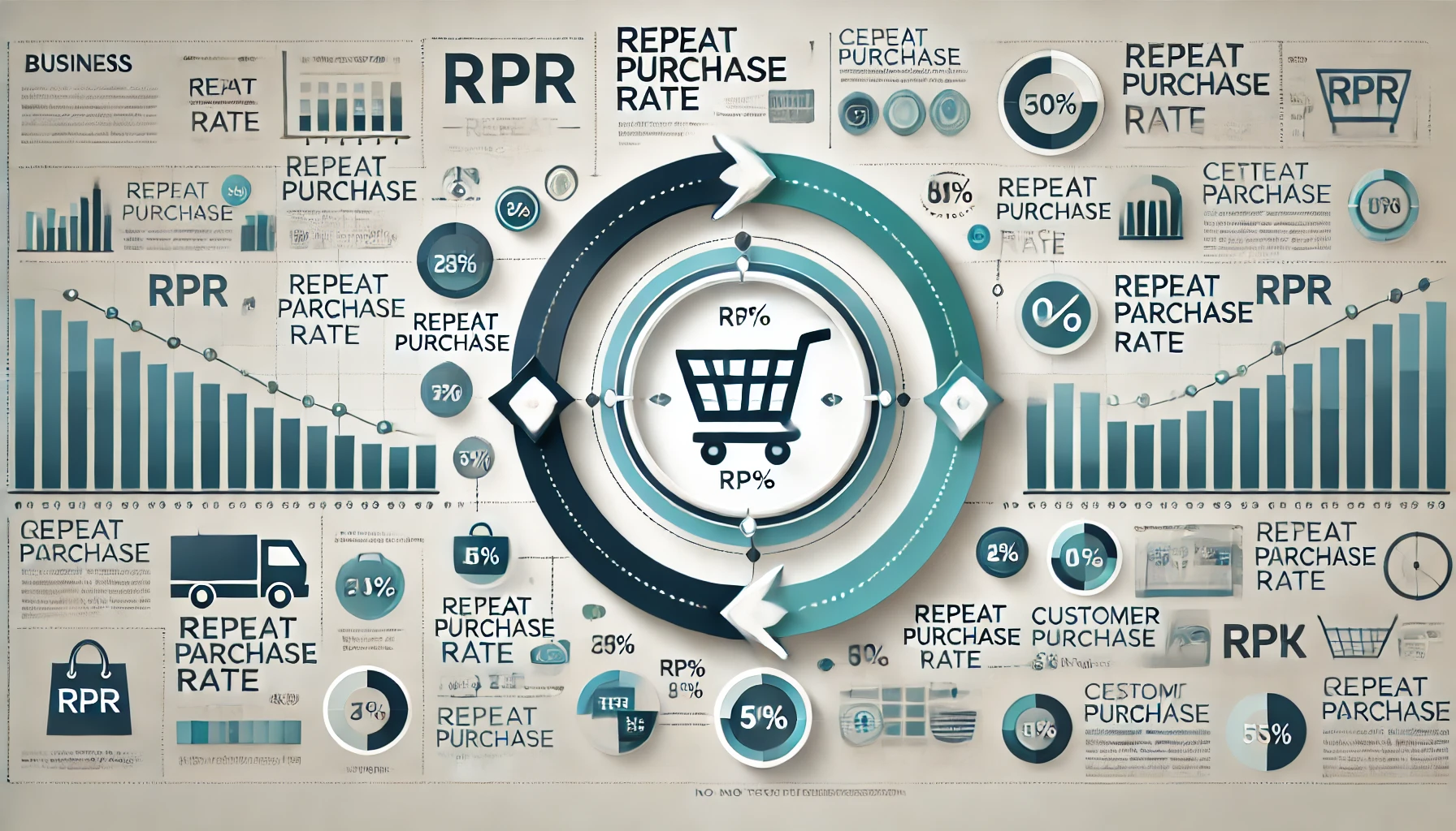 Infografica moderna che rappresenta il concetto di Repeat Purchase Rate (RPR) con simboli di carrelli, frecce circolari e icone di soddisfazione del cliente