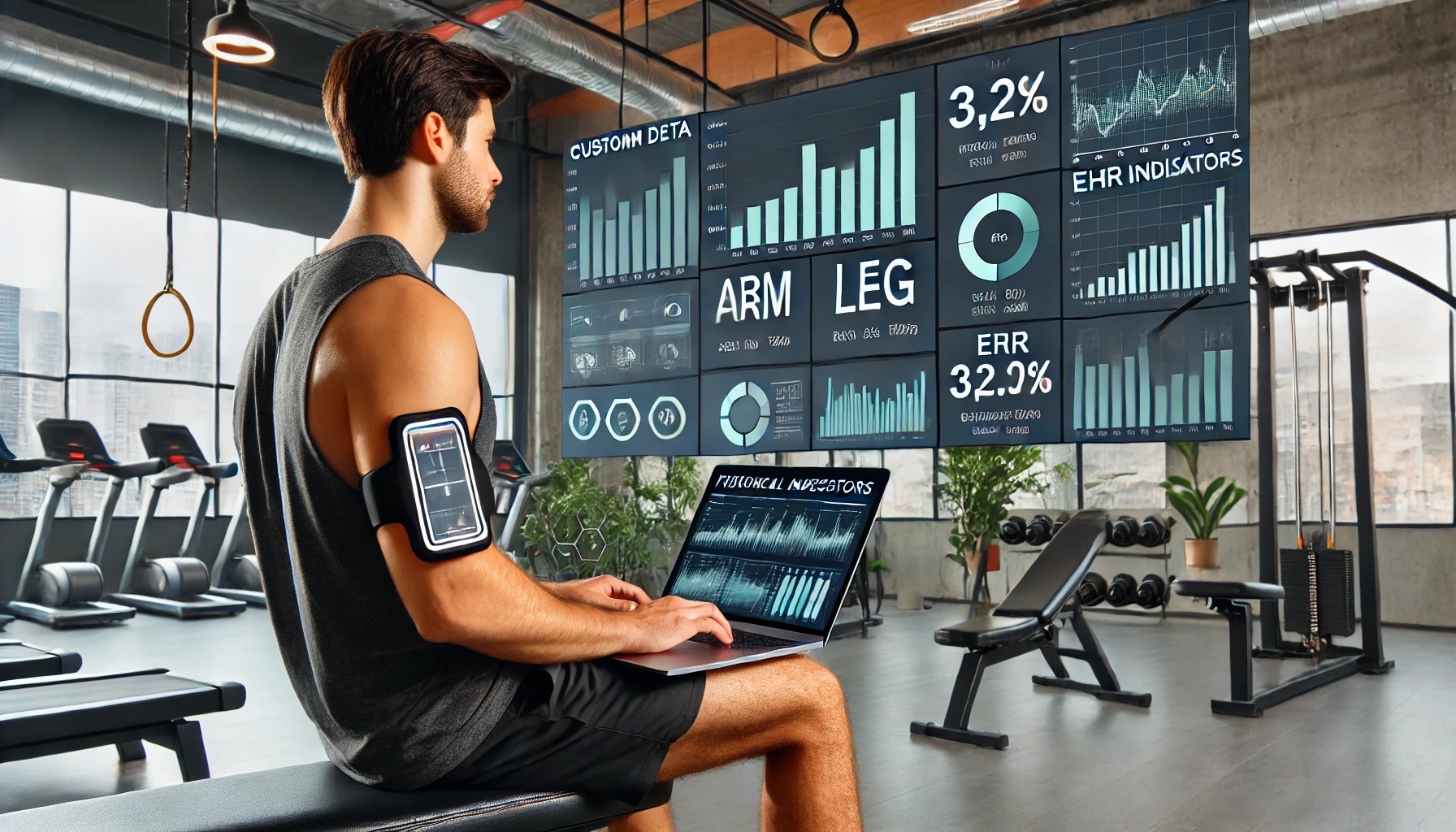 roprietario di palestra che esamina grafici di performance aziendale, tra cui ARM, LEG e EHR, in un ufficio moderno all'interno della palestra