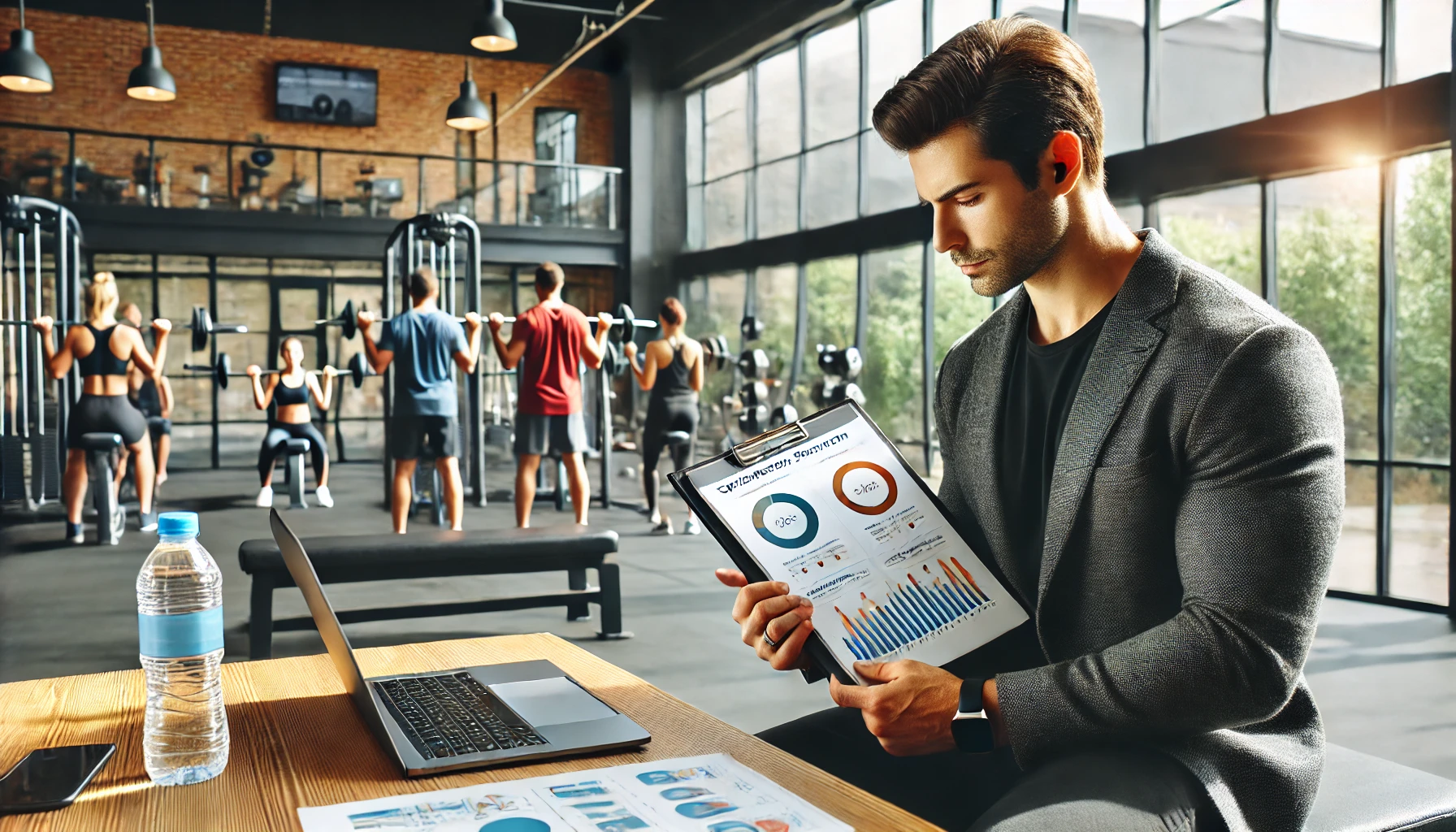 Manager di palestra analizza i dati dei sondaggi di feedback su un laptop