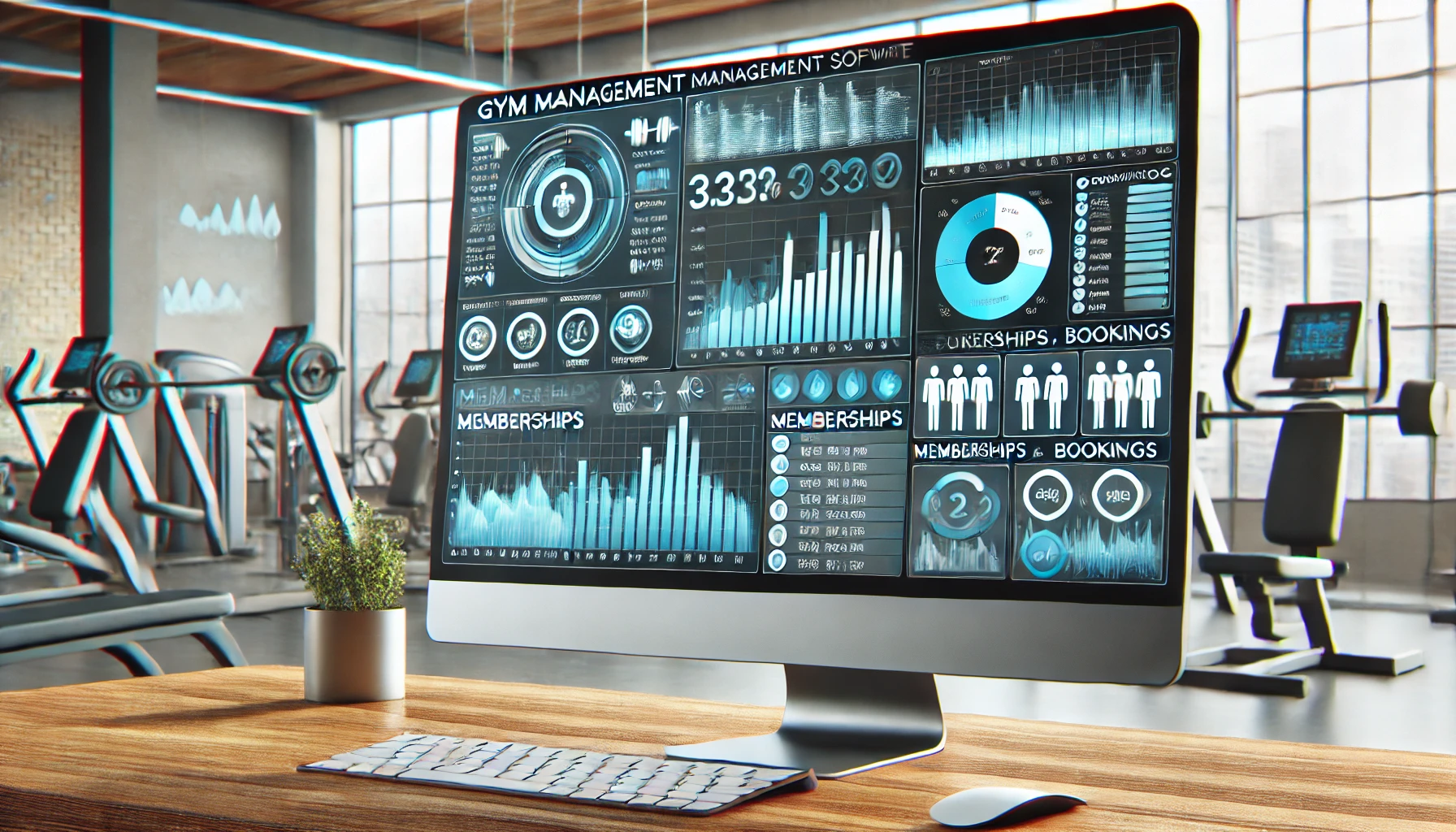 Software gestionale per palestre su monitor, dashboard con grafici e dati di abbonamenti e prenotazioni in un ambiente di lavoro professionale