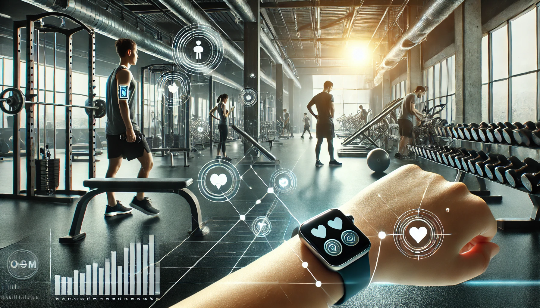 Integrazione tecnologia e fitness, utenti in palestra con smartwatch e smartphone