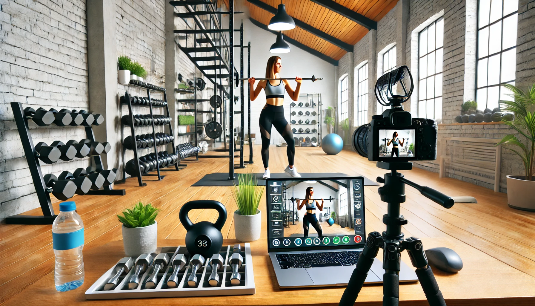 Studio fitness con setup digitale per sessioni online, mostrando la trasformazione digitale nel settore.