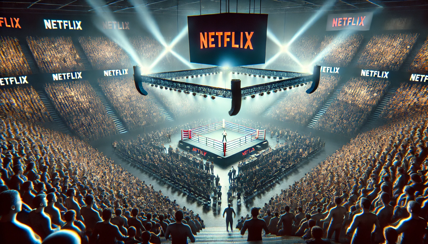 Evento di boxe con Jake Paul e Mike Tyson in un'arena gremita, logo Netflix sullo sfondo, atmosfera energica che mostra la fusione tra sport e media globali.