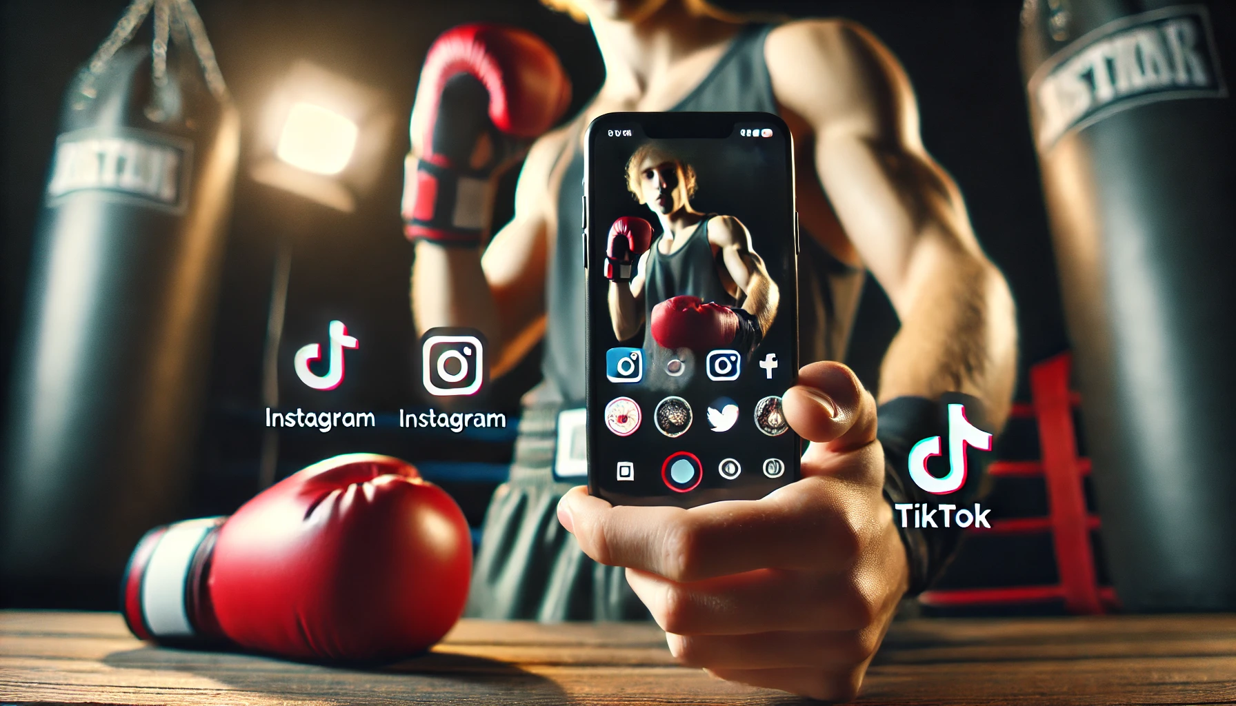 Giovane atleta che registra un video promozionale con smartphone, circondato da guantoni da boxe e icone di social media come Instagram e TikTok.